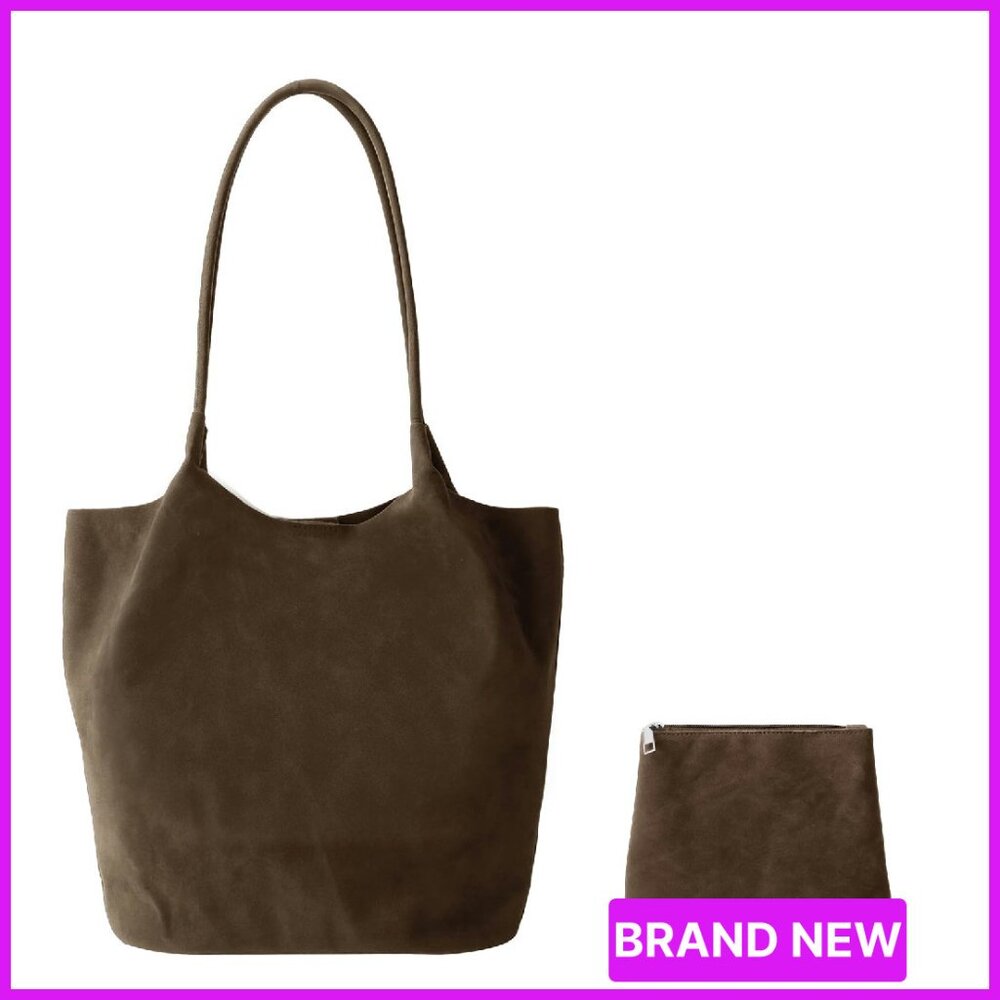 Suede Tote Bag with Zip Pouch - Brown